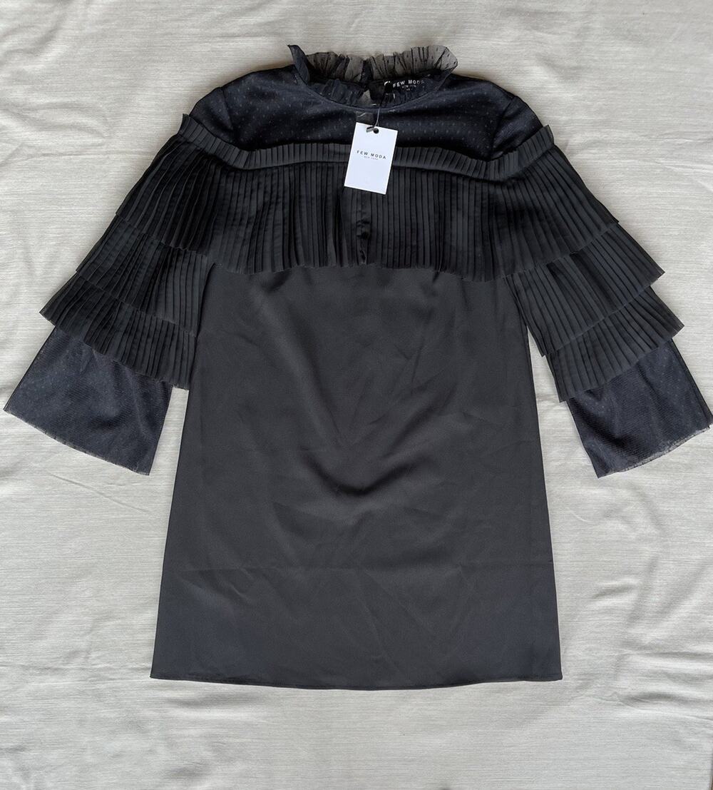 Few Moda Jackie Dress Womens M Black Pleated Ruffle Shift Mini NWT Cotton